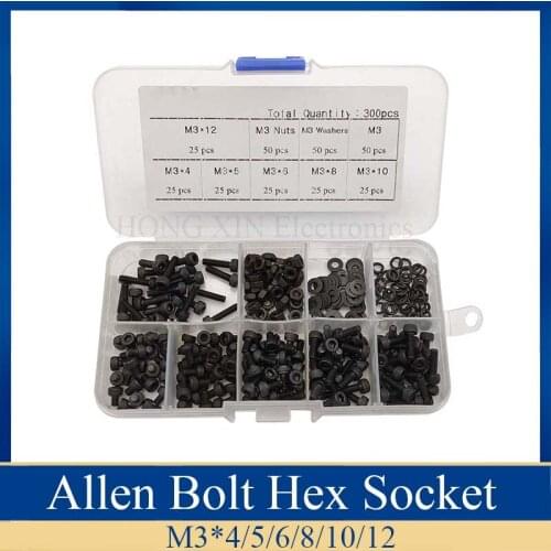 300pcs/set Black Din912 M3 Allen Bolt Hex Socket Round Cap Head Screw And Nut Assortment Kit Set