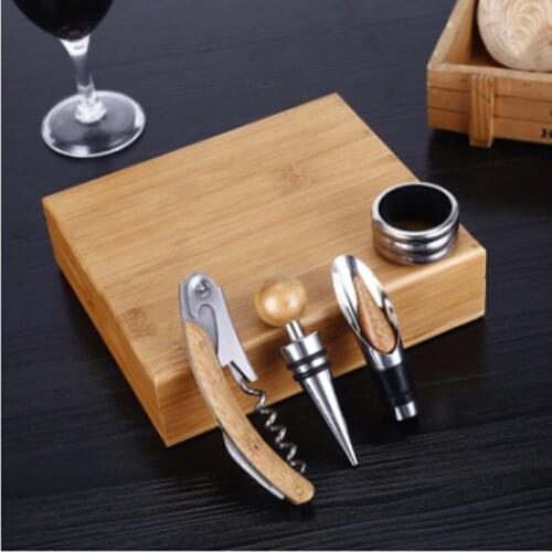 4pcs Premium Wine Tools Automatic Bottle Opener Corkscrew Bamboo Business Gift Sets For Wine Accessories