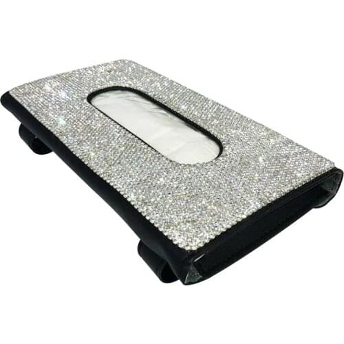 Car Sun Visor Tissue Box Holder Crystal Sparkling Napkin Holder PU Leather Car Accessories for Women for Cars