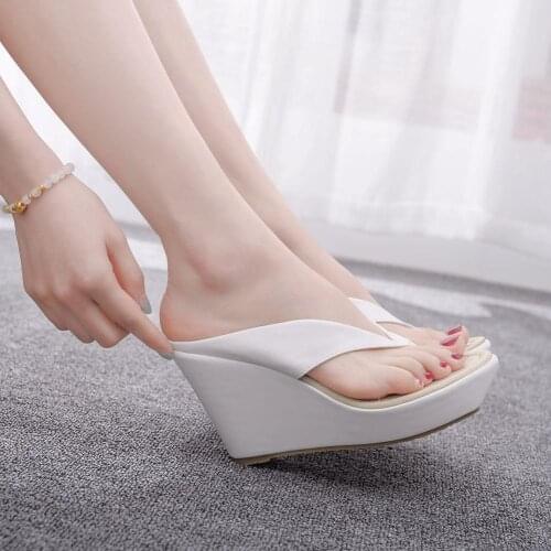 BaoYaFang White Platform Wedges Sandals High Flip Flops Slippers Ladies High platform shoes Girls Beach Sandals