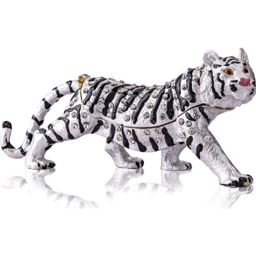 H&D White Tiger Jewelry Trinket Box Collectible Crystals Jeweled Hinged Enameled Wild Animal Figurine Dressing Table Decor Gift