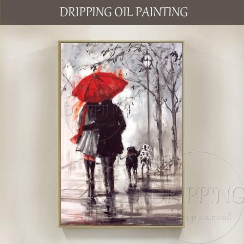Free Shipping Artist Pure Hand-painted High Quality Couple of Lover Oil Painting on Canvas Lover with Dogs Walking Oil Painting