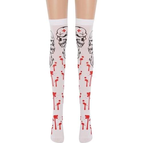 White Scary Printed Pattern Sexy Halloween Costume Socks Gothic Stockings Cosplay Clothing Accessories For Women Night Club Wear