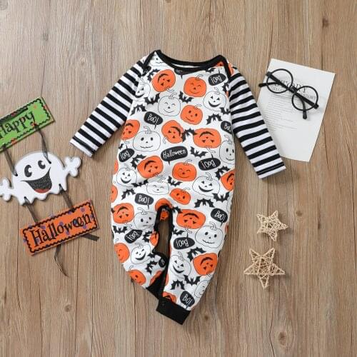 Baby Halloween Romper Pumpkin Print Stripes Long Sleeves Jumpsuit with Buttons for Toddler Girls Boys 0-24 Months