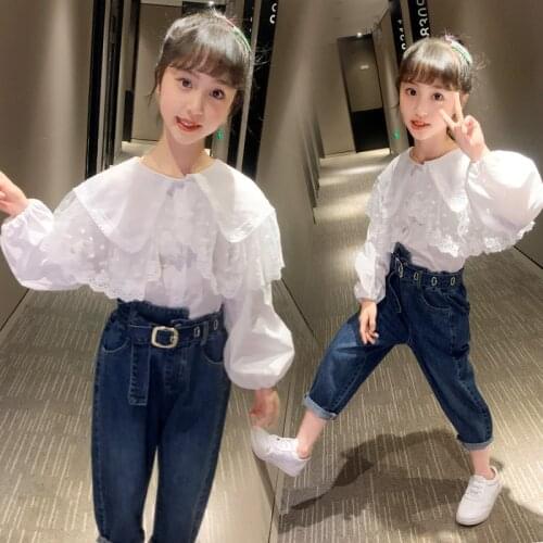 Girls Suit Autumn Long Sleeve for Children Doll Collar Shirt Suit Korean Jeans Big Boys Two-Piece Set