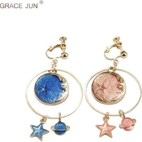 19 Colors Available Enamel Moon Planet Stars Clip on Earrings Non Piercing for Women Party Prom Charm Screw No Hole Earrings
