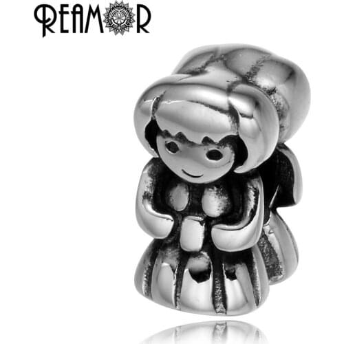REAMOR 316L Stainless steel Cartoon Double Girl European Charm Beads Spacer Beads for Bracelet & Necklace Jewelry Making