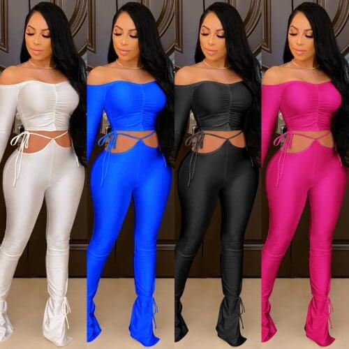 2021 Sexy Slash Neck Two Piece Set Off Shoulder Long Sleeve Pleated Crop Top Lace Up Stacked Pants Suit Slash Neck Club Wear
