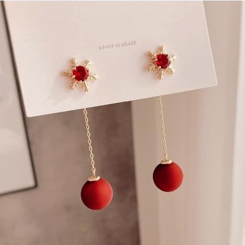 Korean Girl Earrings 2021 Fashion New Earrings Christmas Snowflake Personality Long Red Pearl Crystal Net Red Wild Earrings