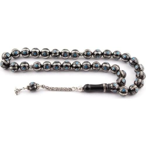 Black Jet Stone Prayer Bead With Silver Tassel Men Rosary With Silver Inlay Islamic Tasbih With Turquoise Stone Embroidered