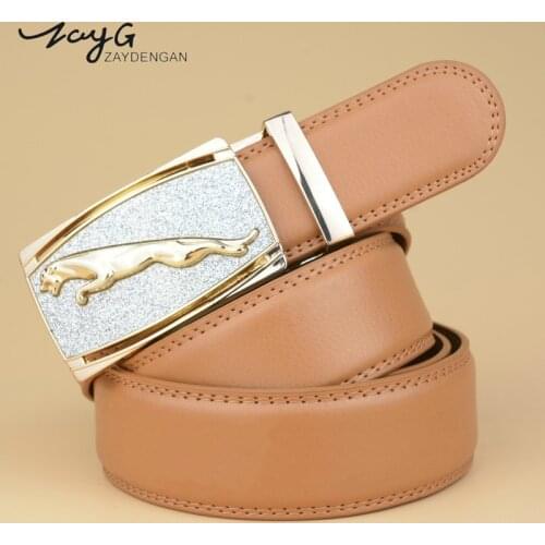 ZAYG Men Metal Sparkling Silver Leopard Automatic Buckle Belt Fashion Leisure Men Business Belt Men Genuine Leather Yellow Belts