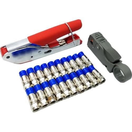 Coax Cable Crimper Coaxial Compression Tool Kit RG59/RG6 Cable TV Crimping Tool Set Wire Stripper with 20 F Heads Connectors