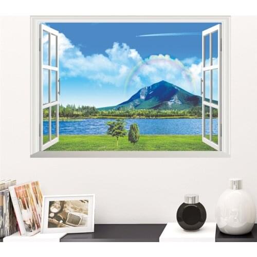 Mountain Lake Sky Cloud Window Wall Stickers For Girls Bedroom Decoration 3d Natural Scenery Mural Art Diy Home Decals