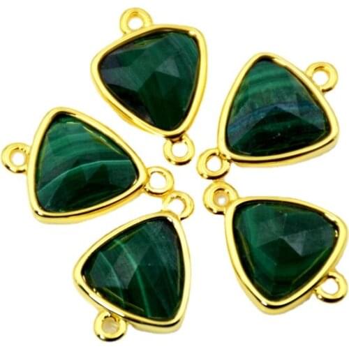 Nature triangle malachite Connector green Color Gold Bezel Charm faceted Gem stone link beads bracelet Jewelry findings