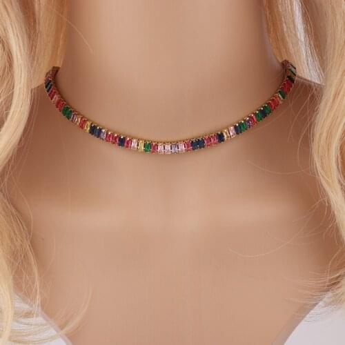 New Arrived Gold Filled Choker Necklace Rainbow CZ Wide Tennis Chain Colorful Cubic Zircon Charm collar jewellery bijoux femme