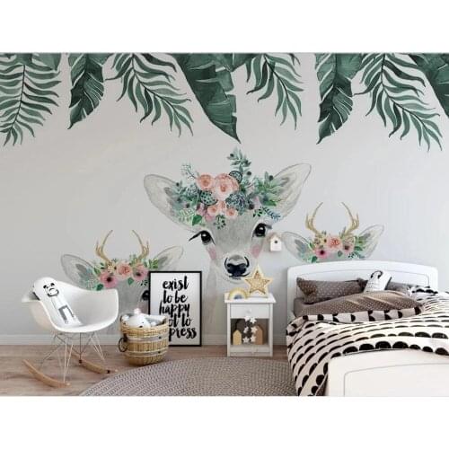 Custom large 3D mural Self Adhesive wallpaper Nordic style hand-painted watercolor deer flower plants children room background