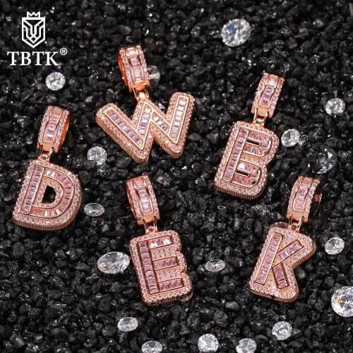 TBTK Custom Small Pink Baguette Letter A~Z Pendant Necklace English Initial Letters Fashion Iced Out Cubic Zirconia Jewelry Gift