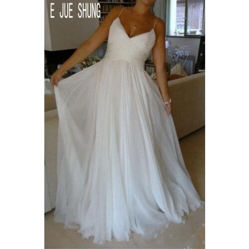 E JUE SHUNG Simple White Chiffon Wedding Dresses Spaghetti Straps Ruched Boho Bridal Gowns Lace Up Back Vestido De Noiva