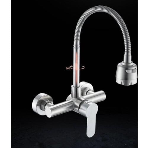 Stainless steel Wall Mounted Kitchen Faucet Kitchen Mixers Kitchen Sink Tap 360 Degree Swivel Flexible Hose Double Holes