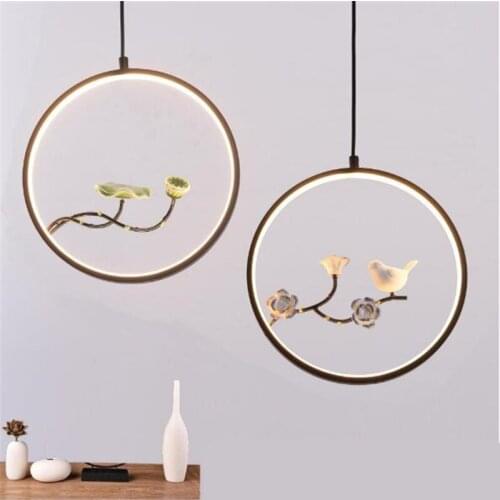 Modern New Chinese Black Metal Ceramic Plum Lotus Led Pendant Light for Dining Room Restaurant Bar Living Room Dia 30cm 1715