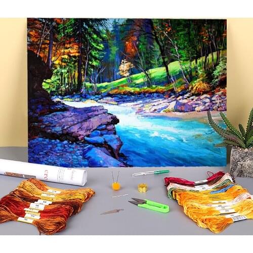Landscape River Printed Water-Soluble Canvas 11CT Cross Stitch Patterns Embroidery DMC Threads Knitting Handiwork Decor