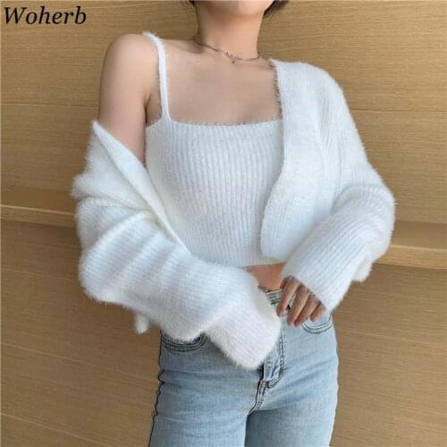 Woherb Women Two Piece Set Korean Summer Simplicity Spaghetti Strap Vest + Thin Sun Protection Long Sleeve Knitted Cardigan