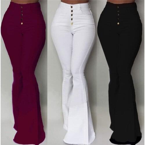 White Bell-Bottom Pants Women Button High Waist Flare Pants NEW Trousers Slim Casual Elegant Work Wear Pantalon Femme