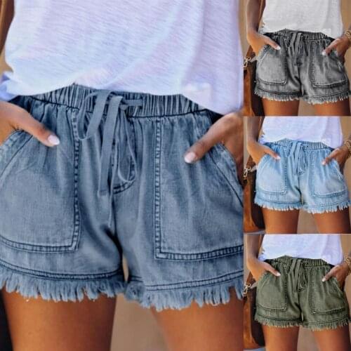 80% Hot Sales Women Shorts Mid Rise Drawstring Summer Elastic Waist Tassel Denim Shorts for Dating