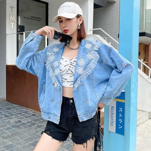Womens Autumn Denim Jackets Loose Beaded Drilling Mesh Patchwork Coats Turn-down Collar Washed Hole Double Breasted Outerwear