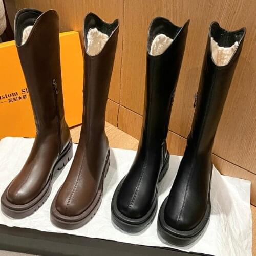 ZawsThia Round Toe Platform Chunky Heels Cool Woman Riding Equestrian Winter Warm Women Knee High Boots With Plush Fur Inside