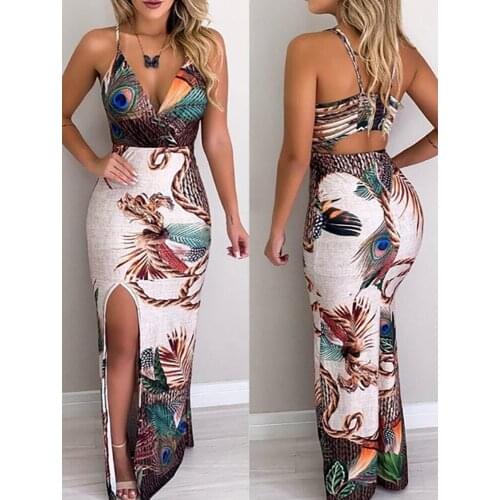 Bohemian Floral Dress Sexy Sleeveless Tight-fitting Peacock Feather Print Sling Split Prom Party Summer Casual Long Sundress