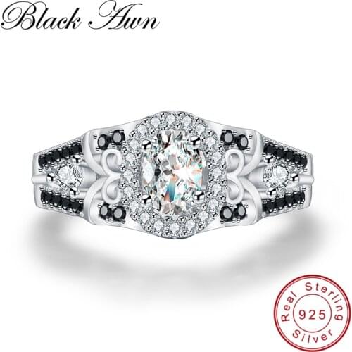 [BLACK AWN] 925 Sterling Silver Row Black Stone Engagement Rings for Women Fine Jewelry Bague C315