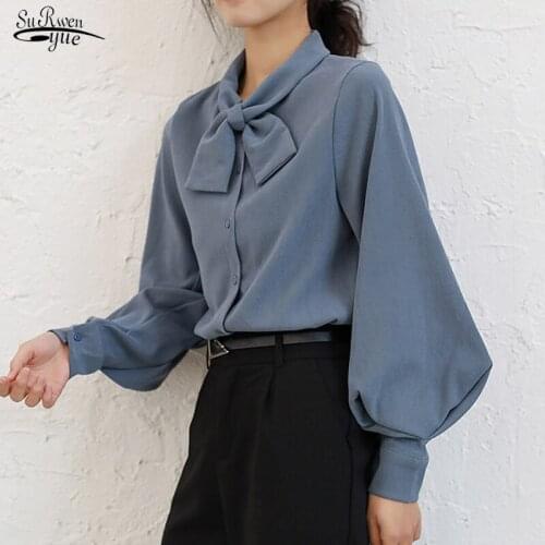 Spring Korean Women Blouse Casual Loose Long Sleeve Solid Color Woman Shirts Bow with Button Ladies Tops Camisas Mujer 8896 50