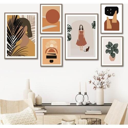 Bohemian Womans Monstera Cats Abstract Wall Art Canvas Painting Nordic Posters And Prints Wall Pictures For Living Room Decor