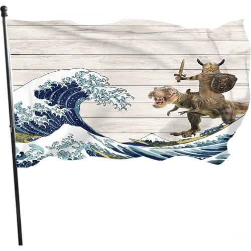 Cat Flag Viking Helmet Sword Shield Tyrannosaurus Rex Katsushika Hokusai Kanagawa Vivid Color Banner Sign For Outdoor & Decor
