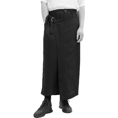 Mens casual wide-leg trousers culottes samurai trousers dark black simple double stitching