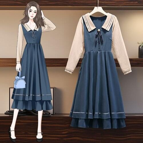 EHQAXIN 2021 Autumn Womens Dresses New All-Match V-Neck Beaded Bowknot Long Sleeve High Waist Cake Dress College Style M-3XL