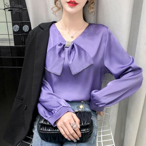 Autumn New Long Sleeve Solid Shirts For Women Bow V-Neck Plus Size Chiffon Blouse Women 2021 Loose Women Tops Blusas Mujer 12060