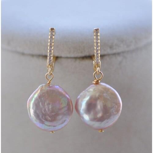 P7585 15mm Lavender Coin Freshwater Pearl Dangle Earrings CZ
