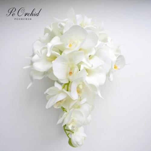 PEORCHID White Orchid Calla Lily Real Touch Wedding Bouquet Cascading Artificial Waterdrop Bridal flower Bouquet De Mariage