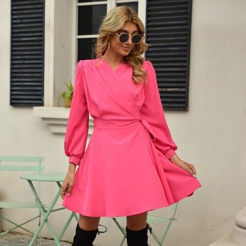 Summer Solid Color High Waist Bandage V Neck Long Sleeve Dress Women Elegant Office Dresses Casual Streetwear Ladies Dress