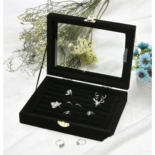 Ring Earrings Jewelry Box Display Storage Velvet Jewelry Case Casket Glass Cover Jewelry Organizer Holder Rack for Ring Earring