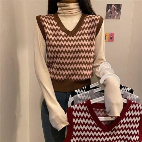 Wavy Stripe Sweater Vest Fashion Knitted Women Girl Casual Korean Pullover Elasticity Spring Autumn Sleeveless V-Neck Tank Tops