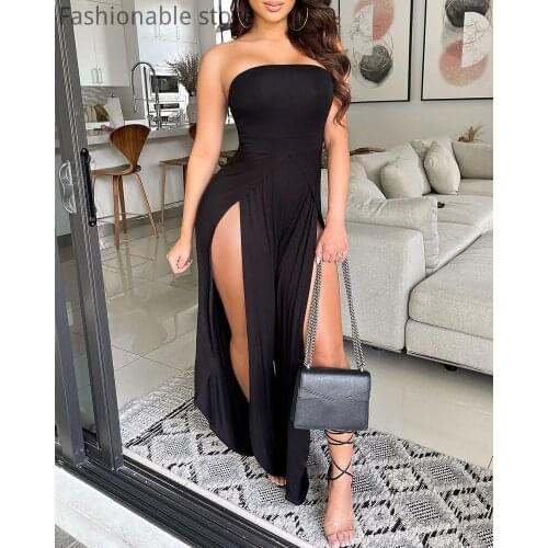 Women Solid Color Sleeveless Jumpsuit Bandeau Slit Leg Romper