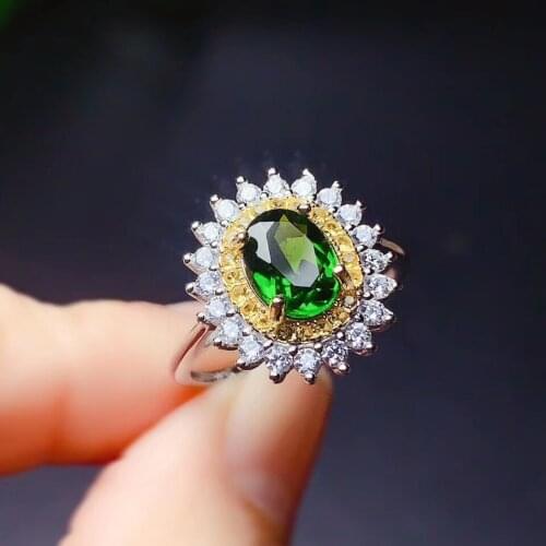 Fashion green diopside gemstone ring for girl 925 silver jewelry birthday party anniversary gift natural gem bright green color