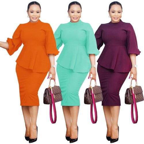 European and American womens fashion solid color seven-point lantern sleeve one-step shoulder sexy dress