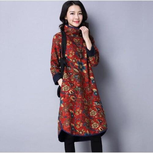Women Dress 2019 Winter Floral Velvet Loose Dress Ladies Turtleneck National Cotton Linen Vestidos Dress Plus Size