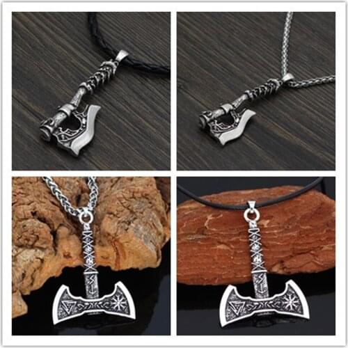 Antiquing Nordic Vikings Wolf Raven Necklace Valknut Rune Axe Amulet compass viking runes pendant Scandinavian Pagan Necklace