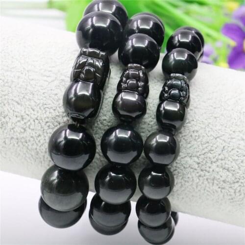 8 10 12 14 16mm Natural Round Black Obsidian Agates Brave Troop Bracelet Onyx Jaspers Stone Women Men Girl DIY Hand Made Jewelry