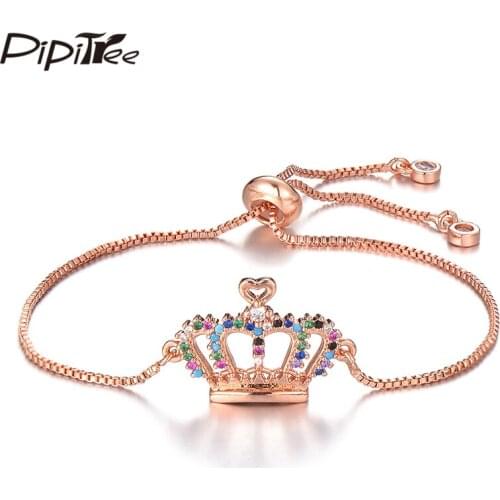 Pipitree Multi Cubic Zirconia Crown Bracelet Femme Rose Gold Color Slider Chain Trendy Bracelets for Women Girls Jewelry Gift